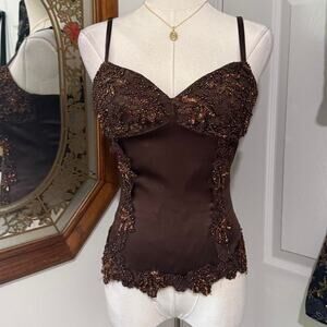 VTG Y2K Cache Dark Brown & Copper Silk Beaded Lace Fairycore Cami Top w Padding